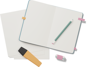 Notebook with pencil, highlighter pen and papers PNG, SVG